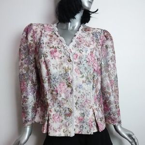 Risa Ann New York Vintage Blazer Sz Medium/Large Floral Lace Trim Gold Buttons
